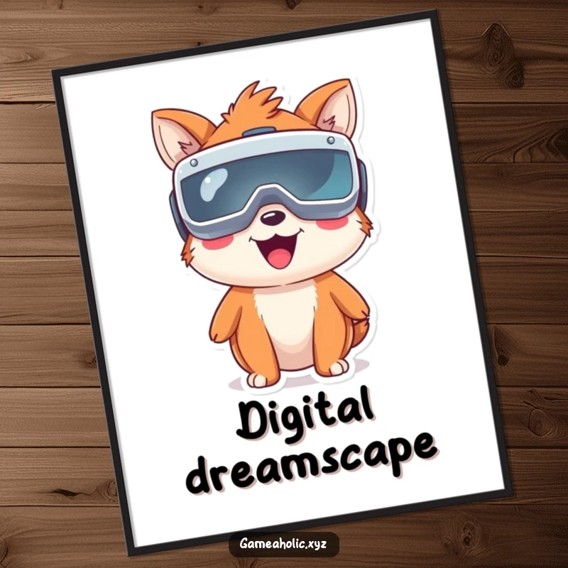 Funny happy animal character wearing oversized virtual reality goggles, a printable digital art piece for tech enthusiasts.