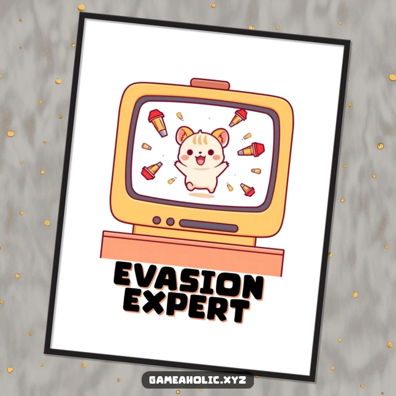 Funny small animal character digital art print, gleefully dodging falling projectiles on a screen, dynamic art.