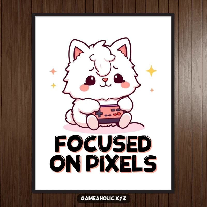 Funny gamer animal digital art print featuring a fluffy character with a focused expression, engrossed in playing a video game, capturing gamer spirit.