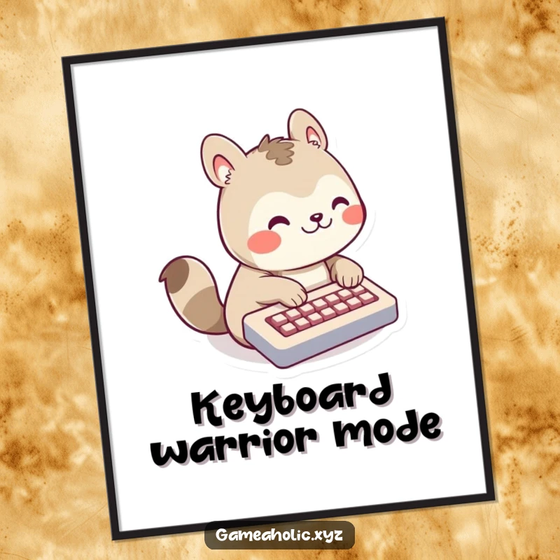 Funny Digital Art Print of a happy animal character grinning intensely while typing rapidly on a tiny keyboard, celebrating the digital age.