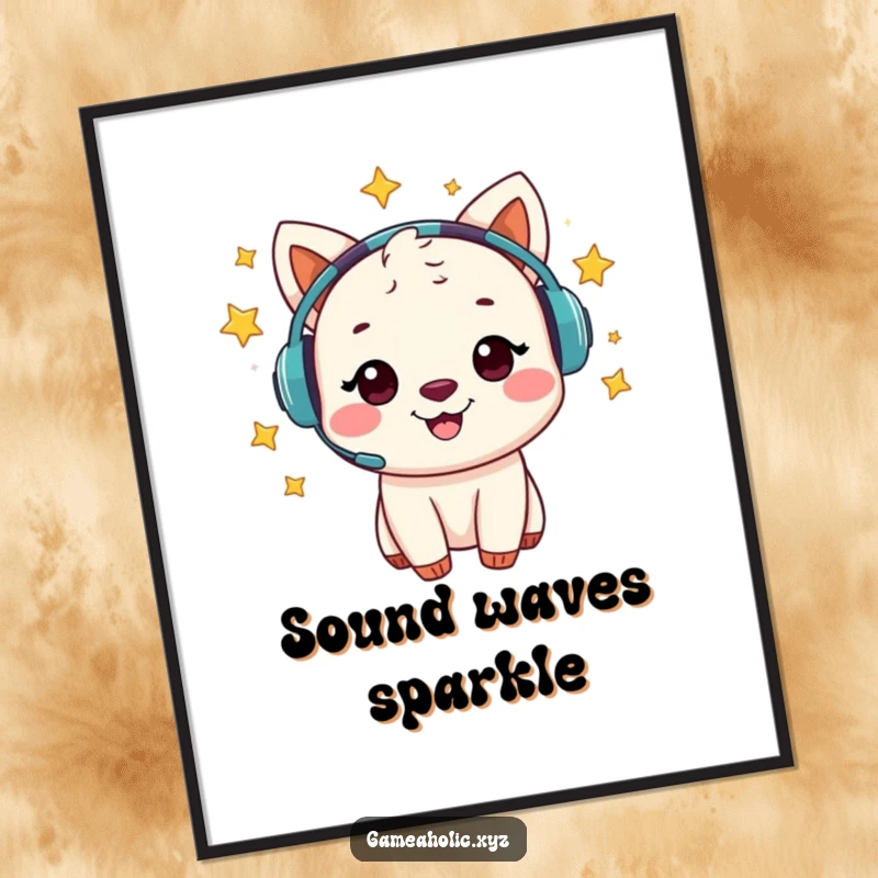 Funny digital art print of a cheerful animal character with a gaming headset, adorned with swirling, cosmic stars.