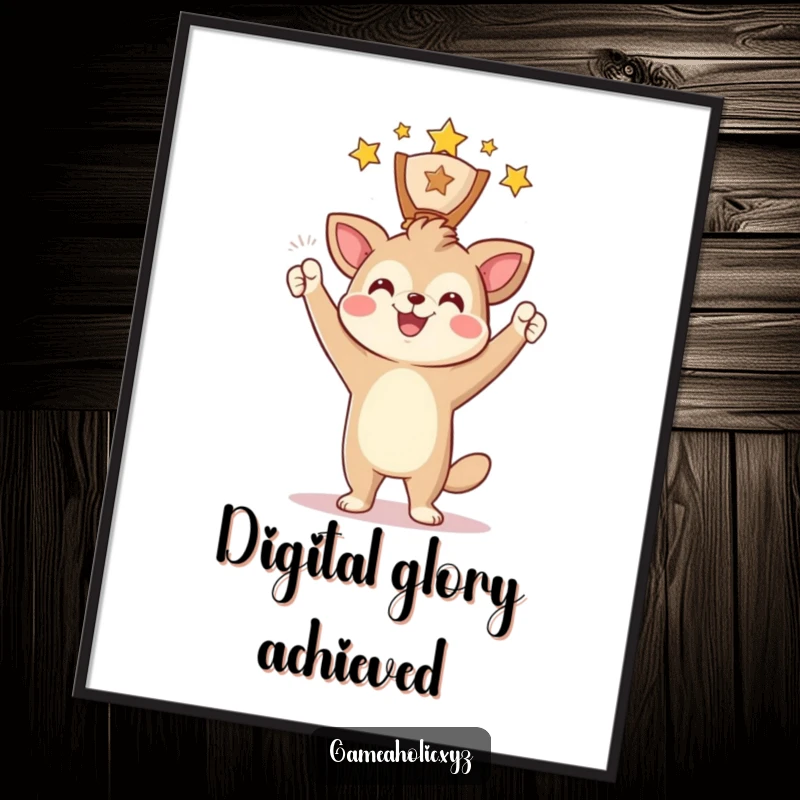 Funny Digital Art Print of an animal character triumphantly holding a digital award with a smile, ideal for motivational wall art.
