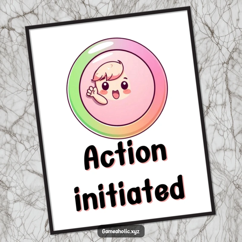 Funny Digital Art Print of a small character pressing a large, colorful button with enthusiasm, ideal for motivational wall art.