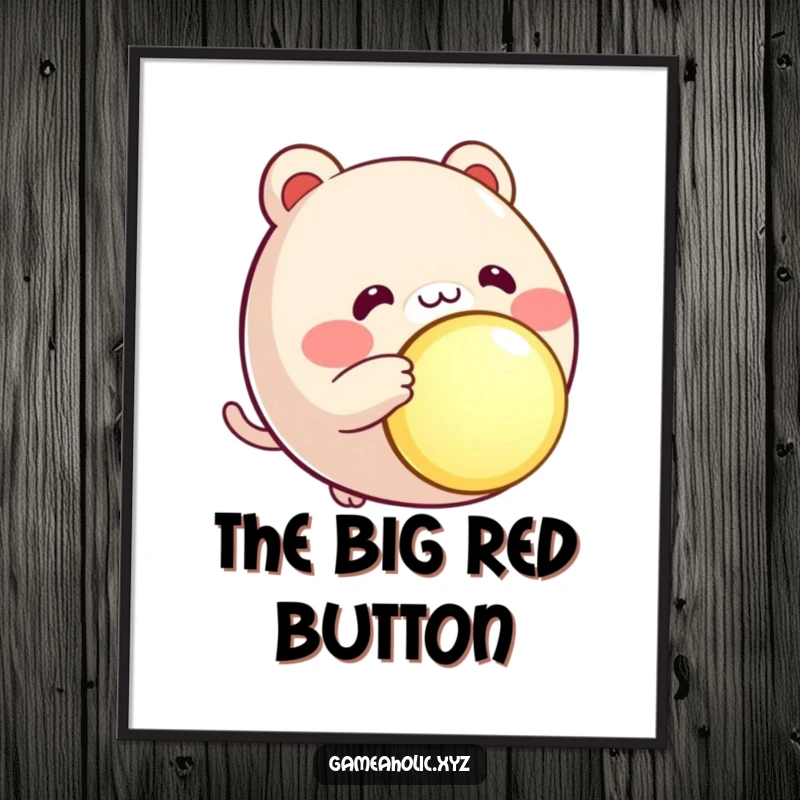 Funny round animal character digital art print, rosy cheeks, eagerly pressing a large, glowing button, energetic art.