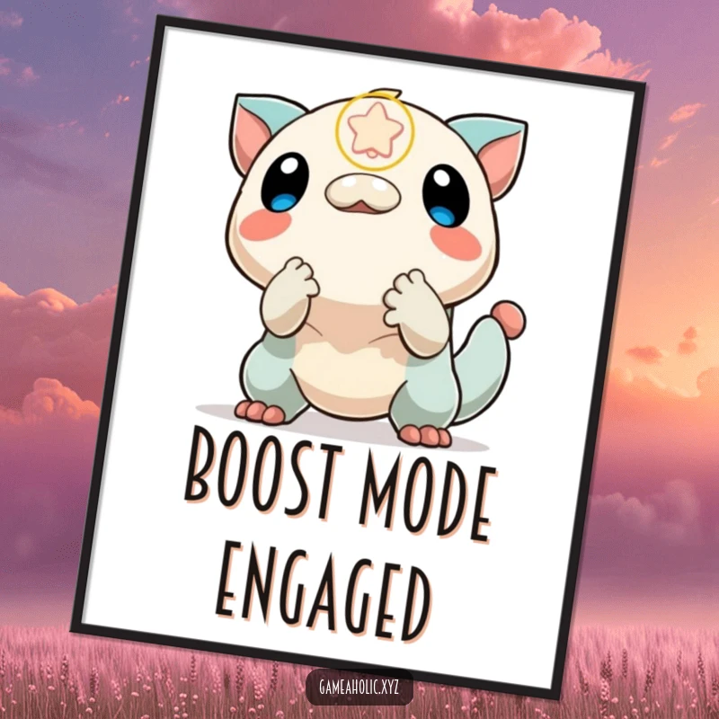 Funny digital art print of a creature excitedly reaching for a falling power-up icon, capturing the essence of gaming rewards.