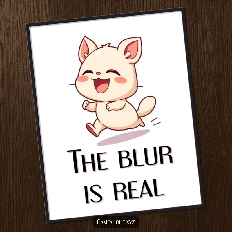 Funny digital art print of a small creature laughing hysterically while playing at a very fast speed, full of vibrant energy.