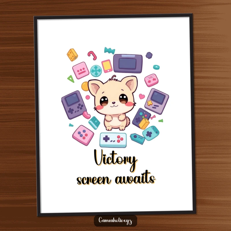 Funny Digital Art Print: Small wide-eyed animal character immersed in a deluge of colorful game icons, capturing gamer excitement.