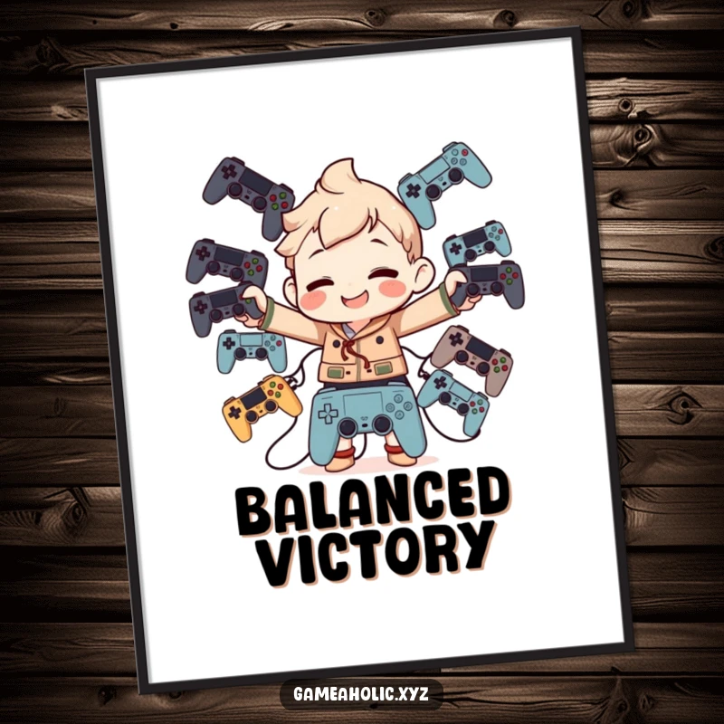 Funny Digital Art Print: Character balancing numerous game controllers with a goofy grin, celebrating gaming skill.