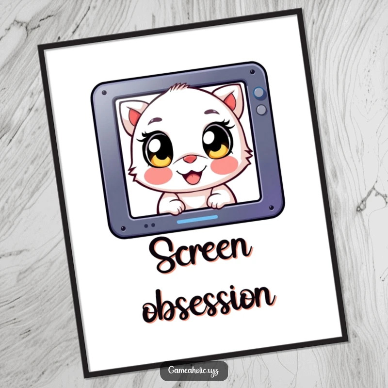 Funny Digital Art Print: Creature with big, happy eyes, intensely focused on a screen, capturing gamer's passion.