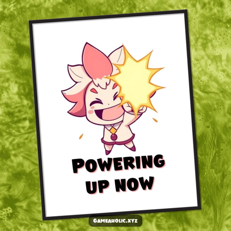 Funny Digital Art Print: Character grins widely, aiming a humorous energy blast, a vibrant and funny artwork.