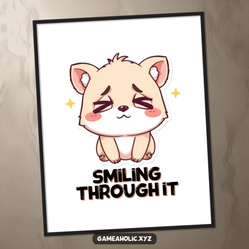 Funny digital art print of a small animal with crossed eyes and an exhausted but happy smile, perfect for relatable decor.