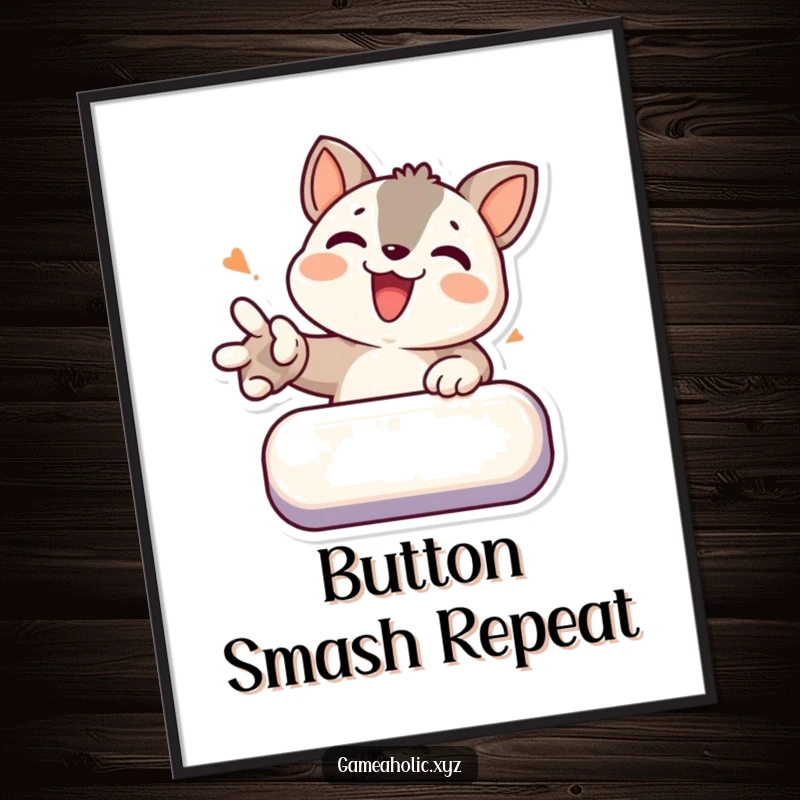 Funny digital art print of a determined animal character joyfully smashing a virtual button, vibrant gaming theme.