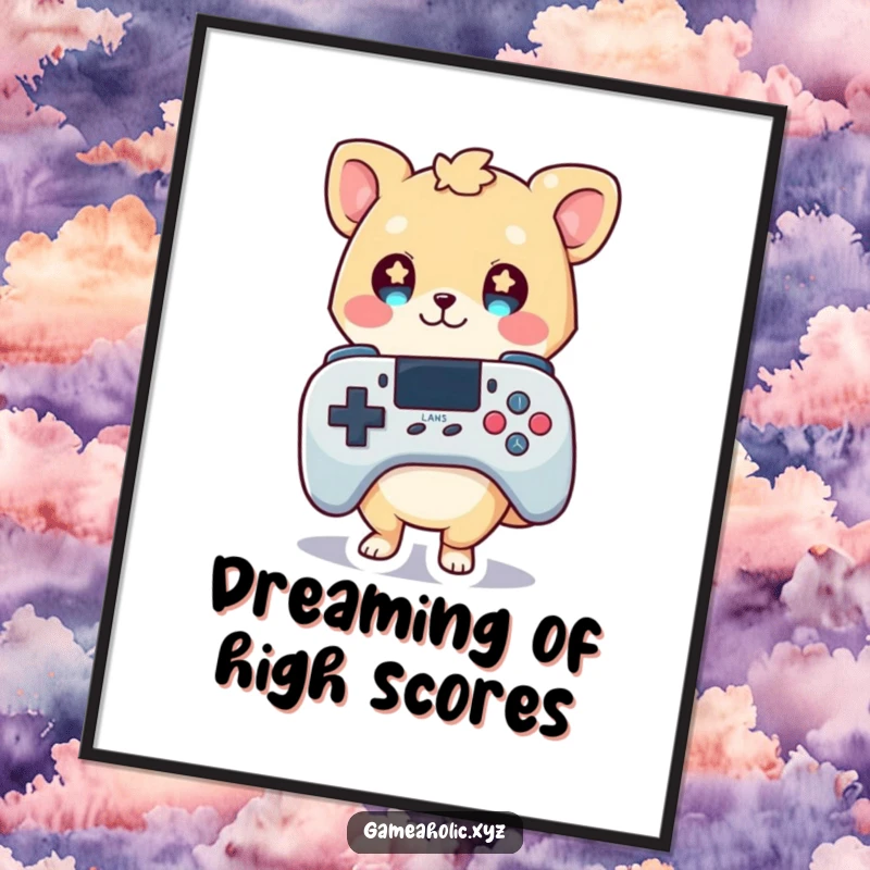 Funny digital art print of a cute animal character with sparkling starry eyes, holding an oversized game controller, radiating gamer excitement.