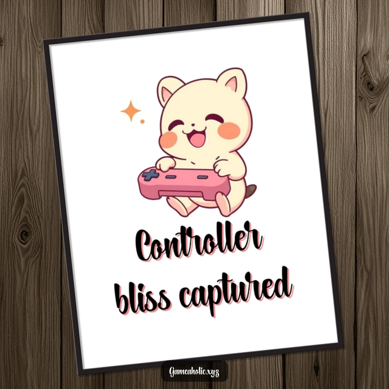 Funny Digital Art Print showing a small creature enthusiastically mashing game controller buttons with joyful intensity.