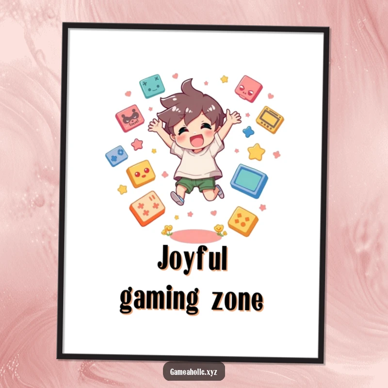 Funny Digital Art Print of an ecstatic character jumping, surrounded by a colorful array of game icons, celebrating gaming culture.