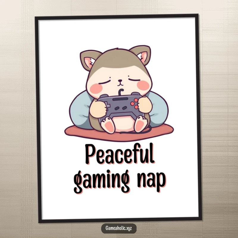 Funny Digital Art Print of a content animal character sleeping soundly, clutching a miniature game controller, for digital display.