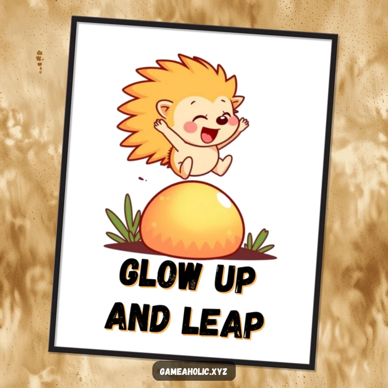 Funny Digital Art Print of a hedgehog joyfully leaping over a glowing mushroom, adding whimsical charm.