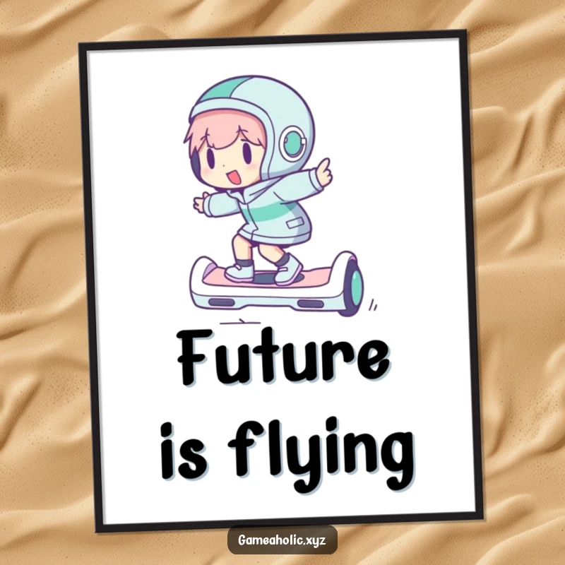 Funny digital art print of a character happily riding a hoverboard, designed to add energy and humor to any space.