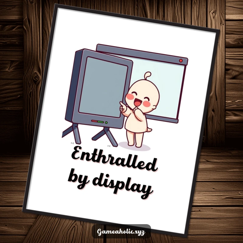 Funny Digital Art Print of an excited character with flushed cheeks pointing at a giant screen, capturing shared wonder and awe.