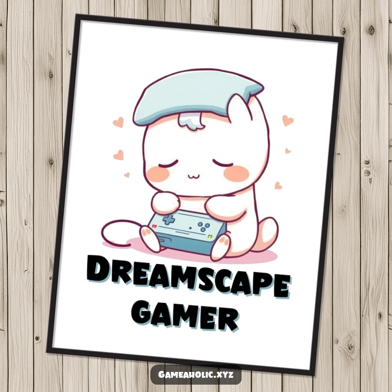 Funny digital art print of a sleepy creature with a pillow for a head, playing a game, capturing cozy gamer vibes.