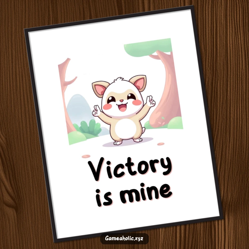 Funny happy creature in a digital world striking a strong victory pose, digital art print, humorous decor.