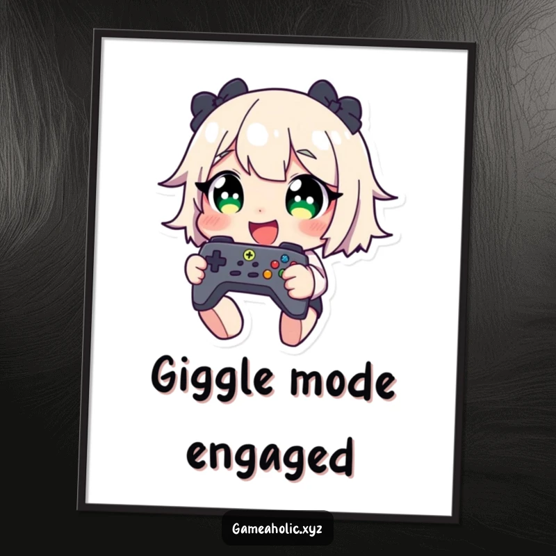 Funny digital art print of a character with wide eyes giggling while holding a game controller, capturing pure gaming happiness.