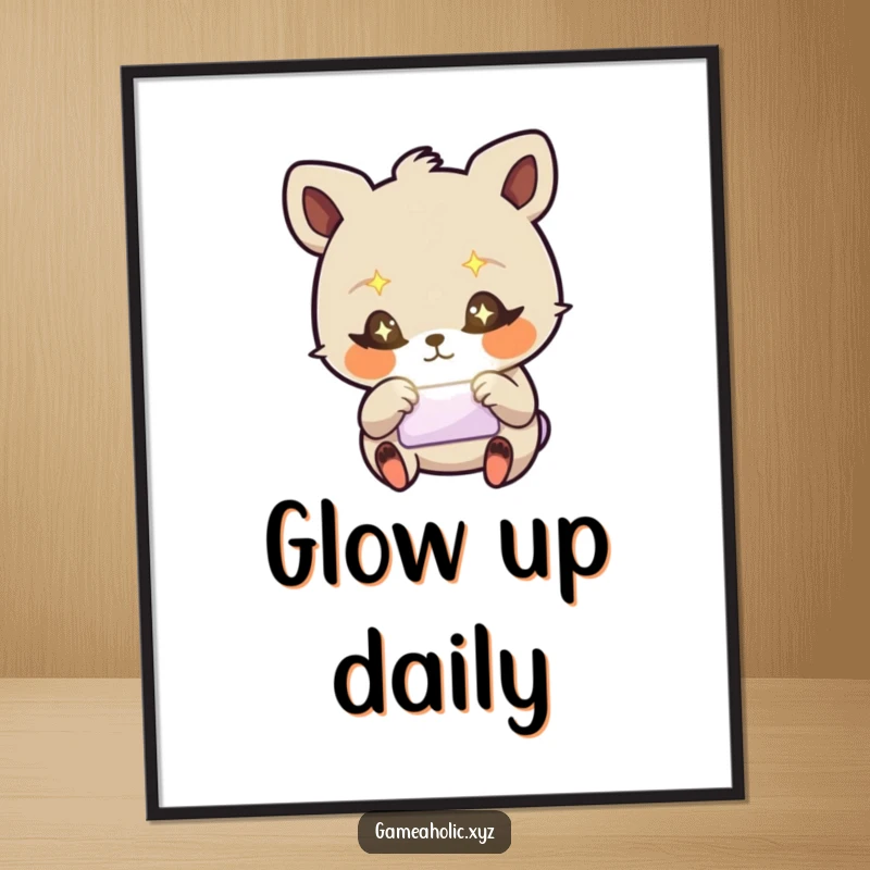 Funny digital art print of a stylized animal with starry eyes, frantically tapping a glowing screen, for digital art.