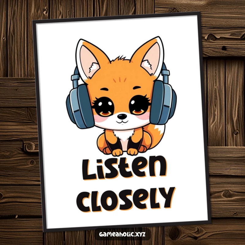 High-resolution digital art of a kawaii fox with big headphones, eyes sparkling with excitement, ideal for cute decor.
