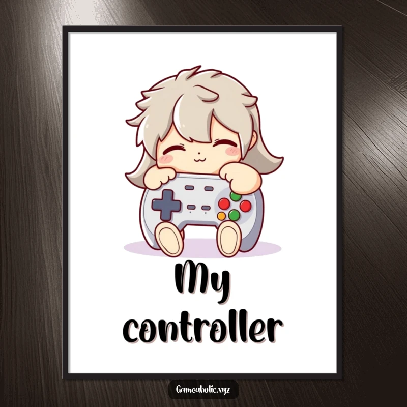 Funny Digital Art Print: A character humorously hugging a plush game controller tightly, perfect for gamer wall decor.