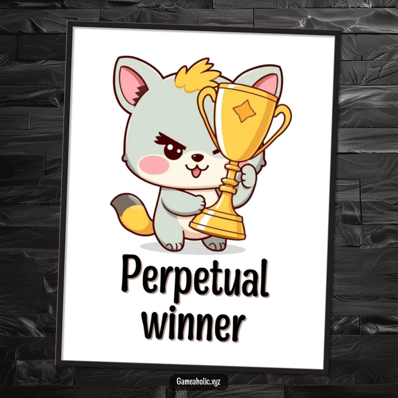 Funny digital art print of a winking animal character proudly holding a trophy, ideal for instant wall decor.