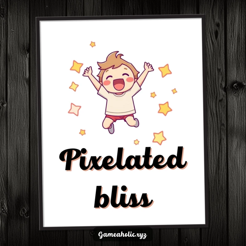 Funny Digital Art Print: Character leaping joyfully, surrounded by pixelated stars, embodying gaming victory.