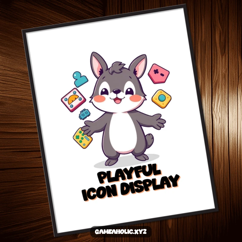 Funny Digital Art Print of a playful animal character juggling colorful, abstract game icons, for instant download and display.