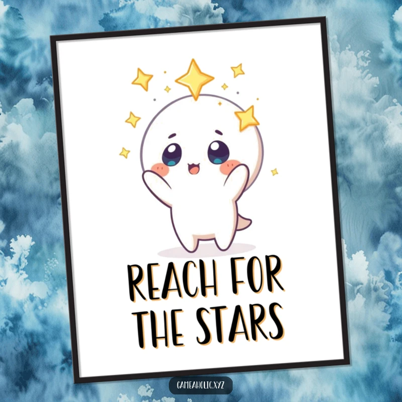 Funny digital art print depicting a character with star-filled eyes, stretching to grab a floating icon, symbolizing ambition and pursuit.