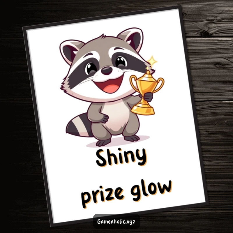 Funny raccoon with a wide grin holding a sparkling trophy, digital art print, humorous prize decor download.