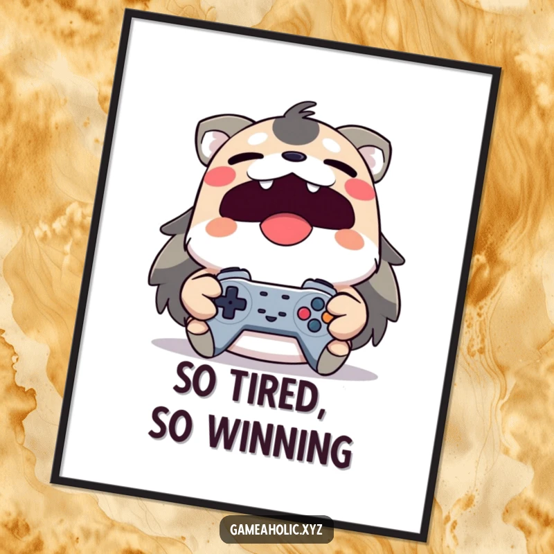 Funny yawning animal character tightly holding a game controller, as a digital art print for gamer rooms.