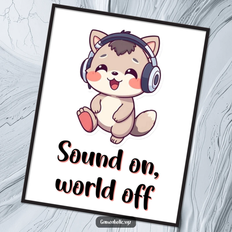 Funny music animal digital art print showing a cheerful character with oversized headphones tapping its foot to music, exuding pure joy.