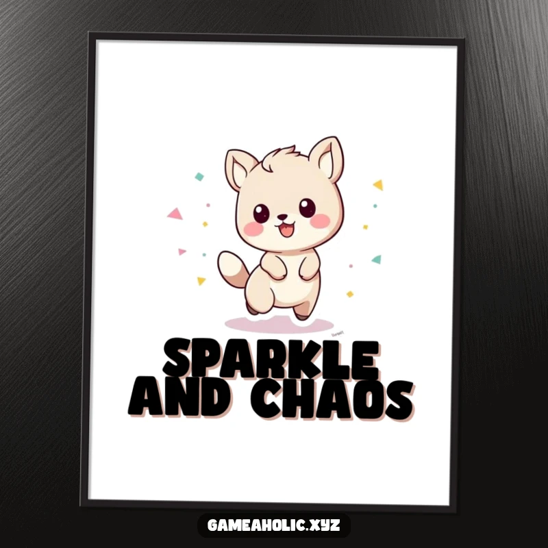 Funny playful animal character with a trail of confetti, as a digital art print for joyful spaces.