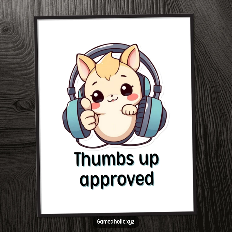 Funny digital art print of a creature peeking over a large headset, giving a thumbs up, symbolizing tech joy and approval.