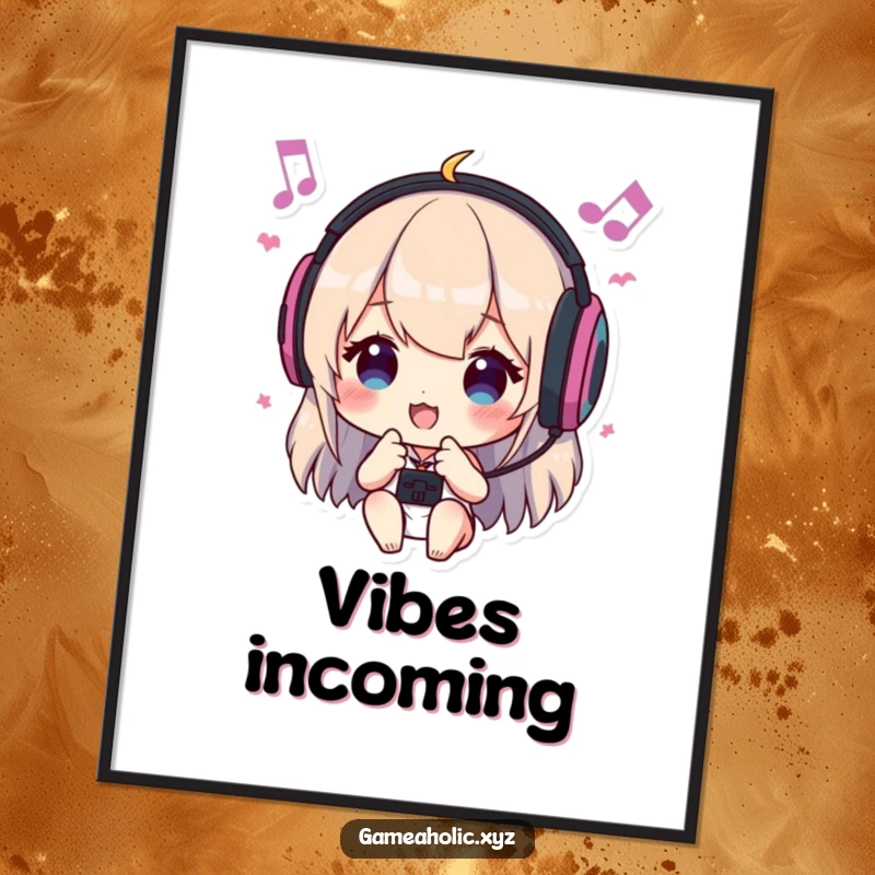 Funny digital art print of a character with headphones, headbanging to game music, showcasing a vibrant and energetic gaming passion.