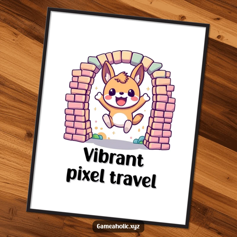 Funny Digital Art Print of an excited animal character leaping through a portal made of colorful, digital pixels, for digital display.