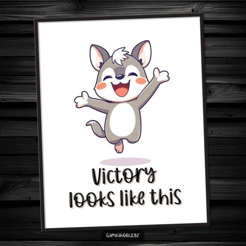 Funny digital art print of a determined animal character jumping joyfully after a game win, embodying pure celebration.