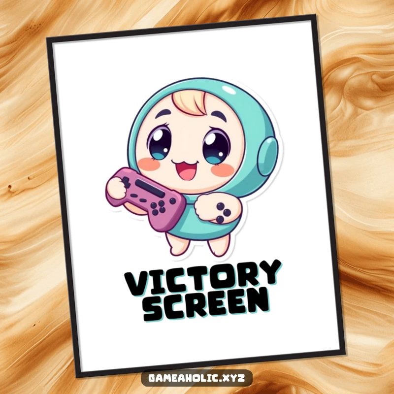 Funny Digital Art Print: Round character with large, excited eyes, gripping a game controller, capturing gaming thrill.