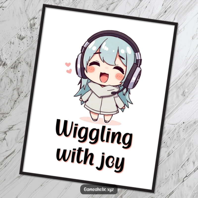 Funny Digital Art Print of a delighted character wearing headphones, wiggling joyfully to music, capturing pure auditory happiness.