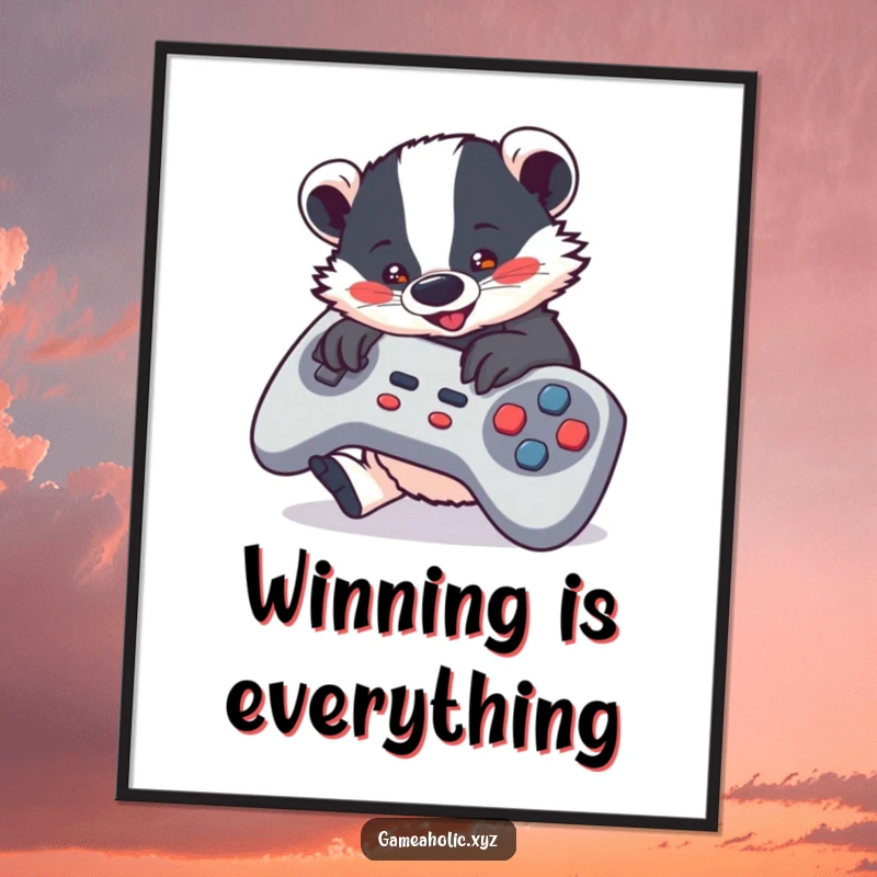 Funny Digital Art Print of a cute badger intensely playing a video game, perfect for gamer-themed decor.