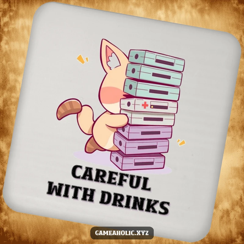 Funny tripping gamer drink coaster depicting a clumsy animal character comically tripping, protecting tables from spills.