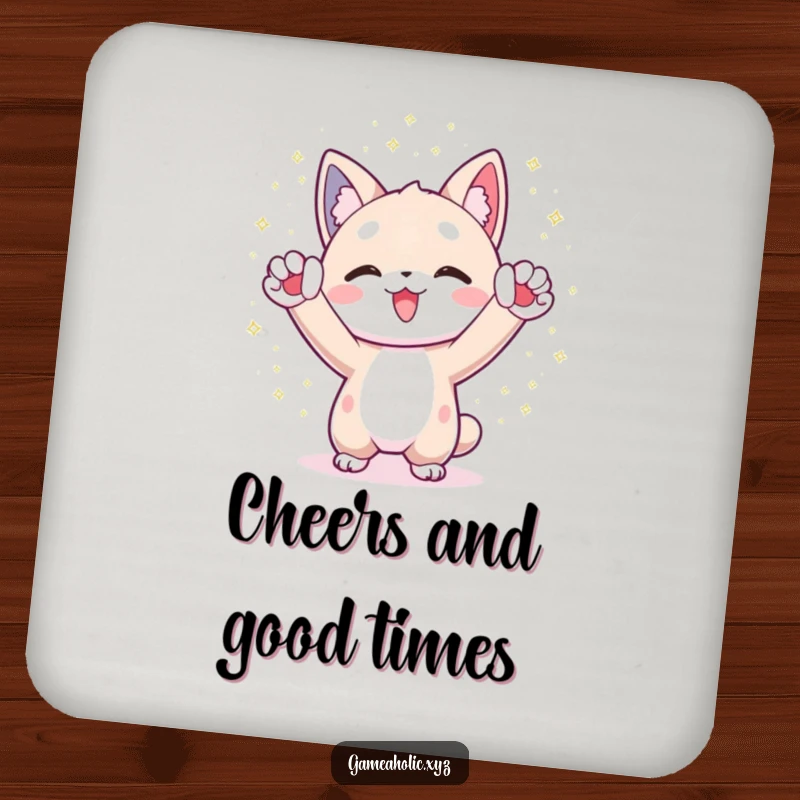 Funny Coaster: Character cheers with paws raised amidst shimmering digital particles, adding festive flair.