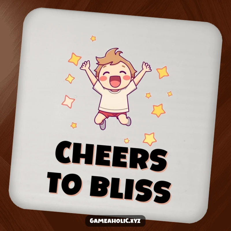 Funny Drink Coasters: Character leaping joyfully, surrounded by pixelated stars, protecting surfaces humorously.