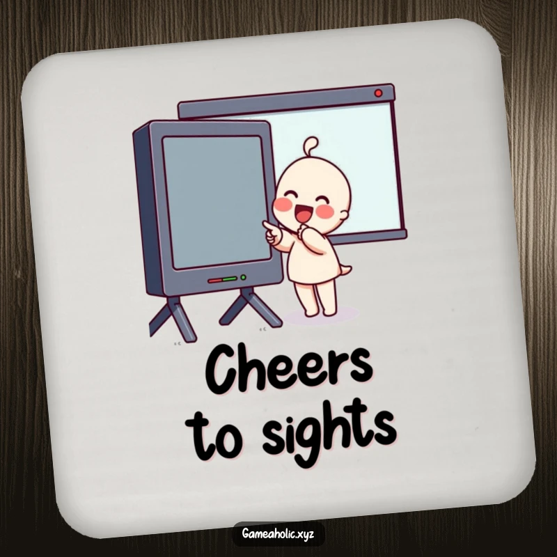 Funny Coasters featuring an excited character pointing at a large screen, protecting surfaces with fan-generated awe.