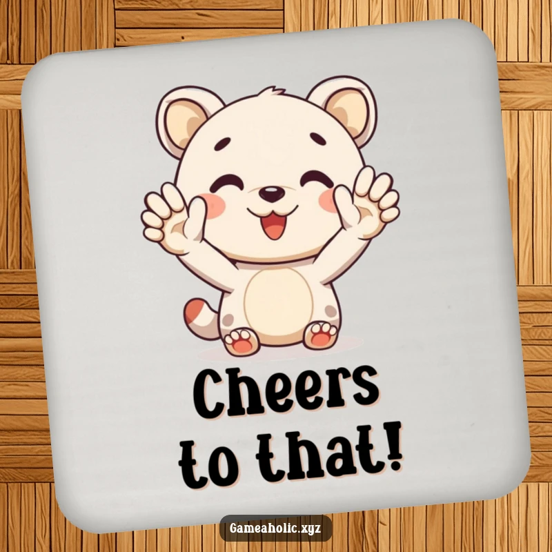 Funny drink coaster featuring a cheerful animal character giving a virtual high-five, adding a humorous touch to drink protection.