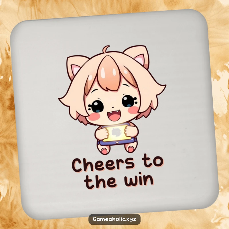 Funny Coaster depicting a happy character intensely focused on a glowing screen, cheering with joy.